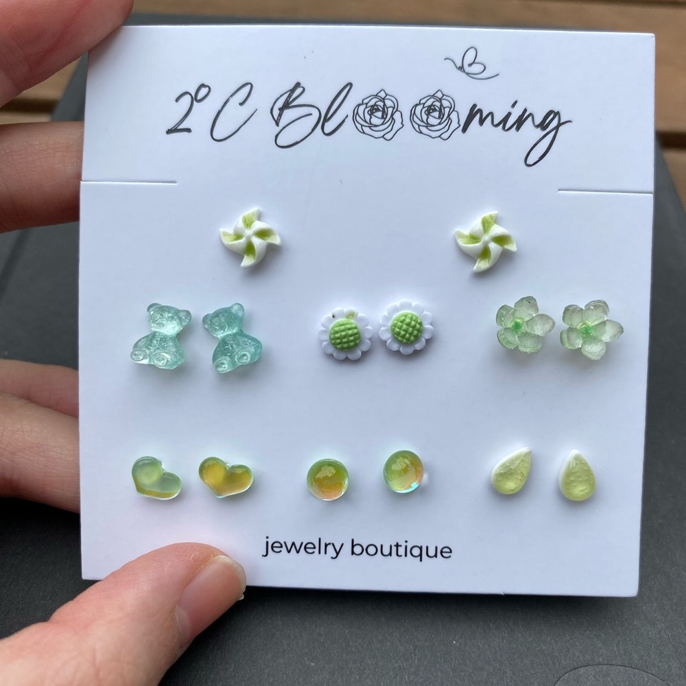 Y2K green series Translucent anti allergy Stud Earrings Set of 7